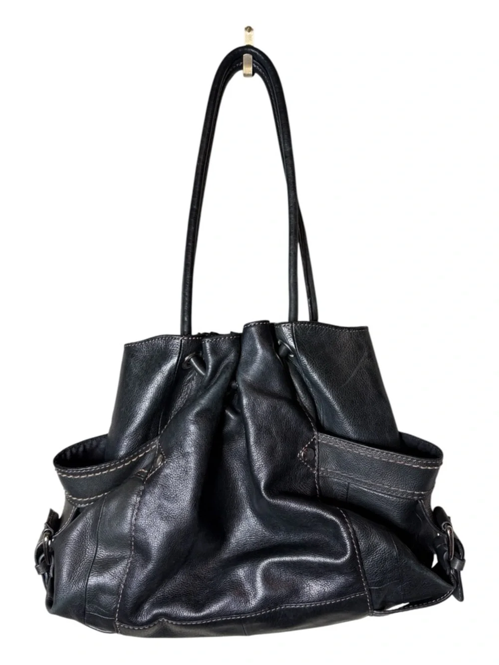 Fossil Womens Black Leather Bag Drawstring Hobo Side Pockets Magnetic Closure